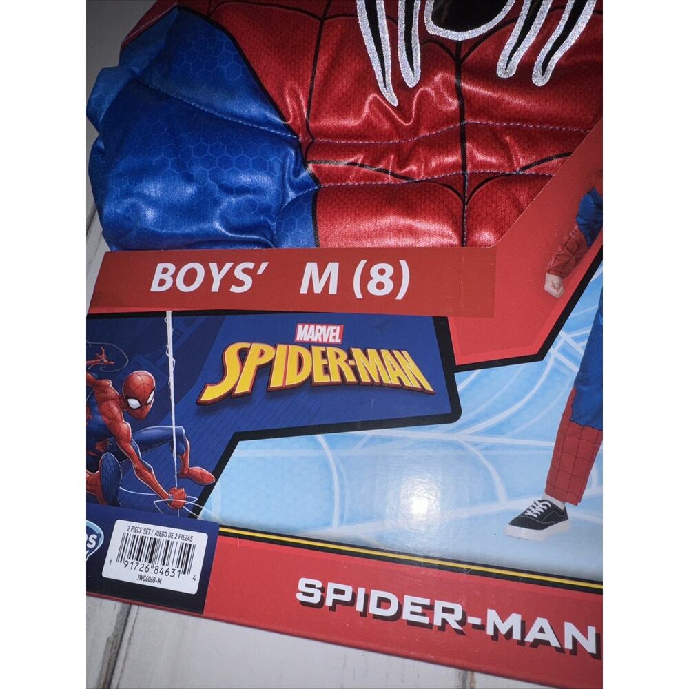 NEW Marvel SPIDER-MAN Padded Jumpsuit Costume & Fabric Mask size M (8) NWT NIB - Picture 2 of 3